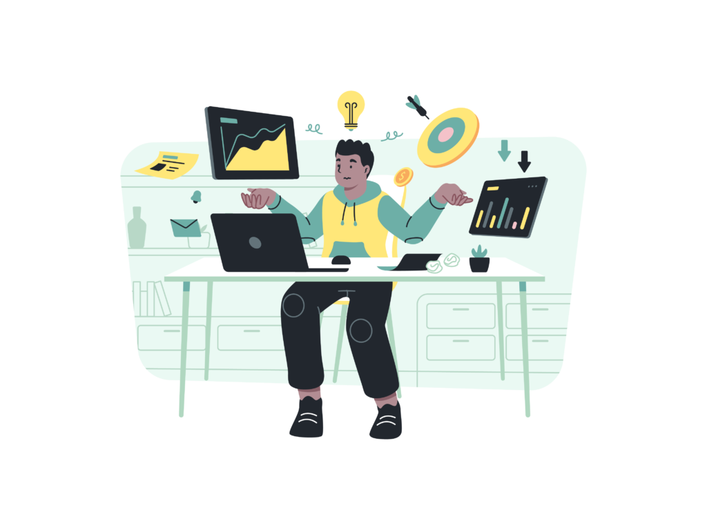 Illustration of a person at a desk reviewing charts and dashboards